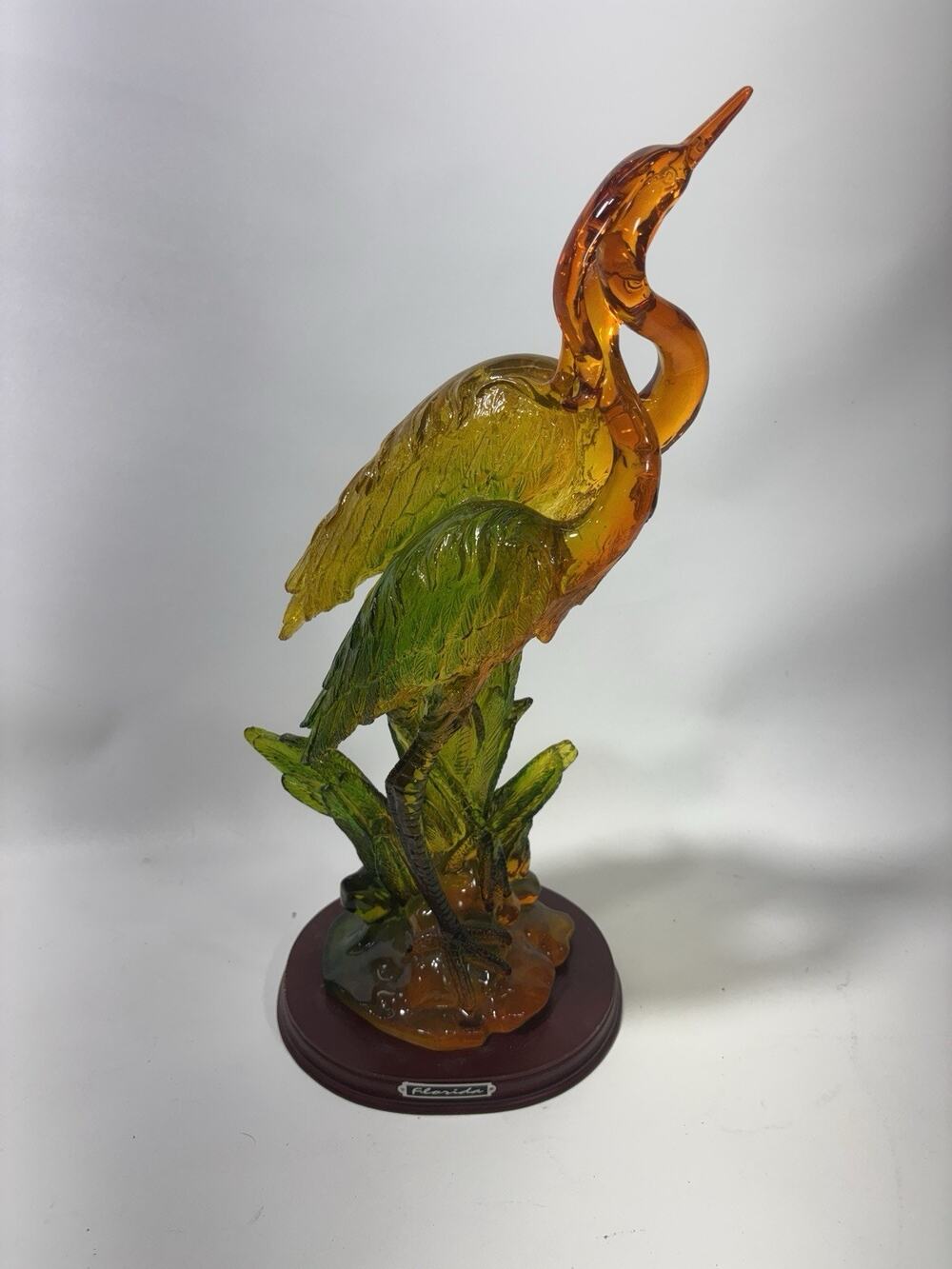Vintage Florida Heron Crane Pair Sculpture 18" Amber Green Resin Coastal Decor